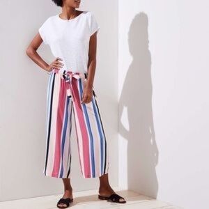 ANN Taylor Loft pink striped‎ tie waist wide leg flowy cropped pants